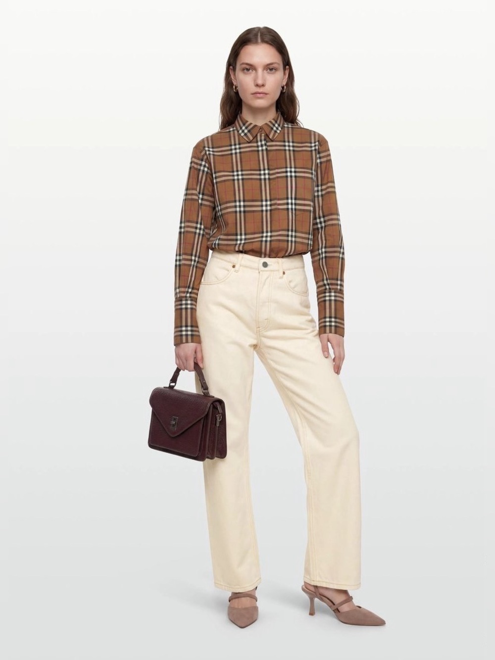 NWT Burberry Ivery Classic Check Plaid Cotton Shirt Size US4 - Picture 2 of 10